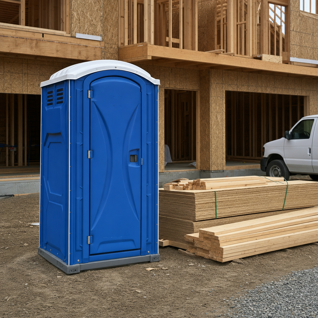 Royal blue standard portable toilet on a residential framing jobsite next to lumber stacks